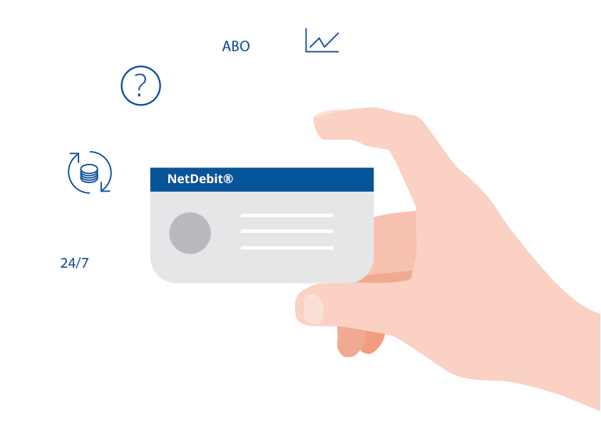 Illustration of a hand with a credit card. To the credit card, icons are to the benefits